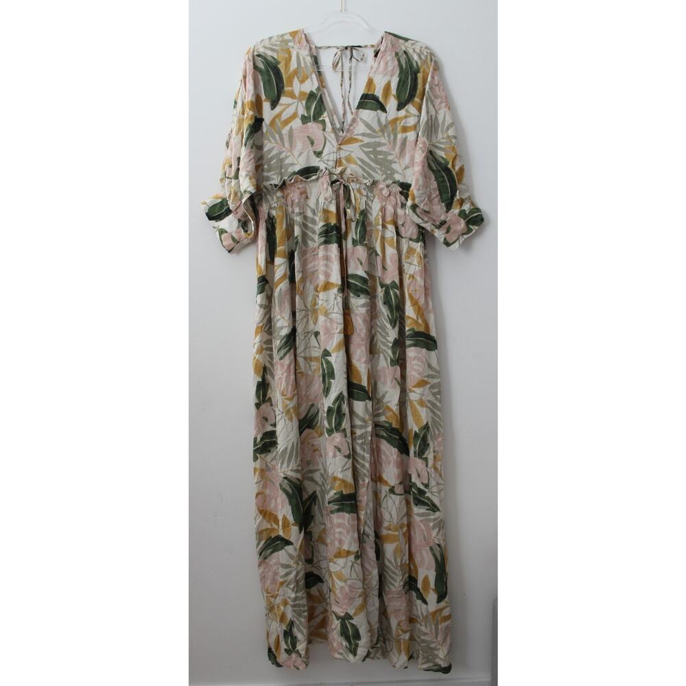 Aakaa Womens Floral Maxi Short Sleeve Dress Size S Multicolor NWT